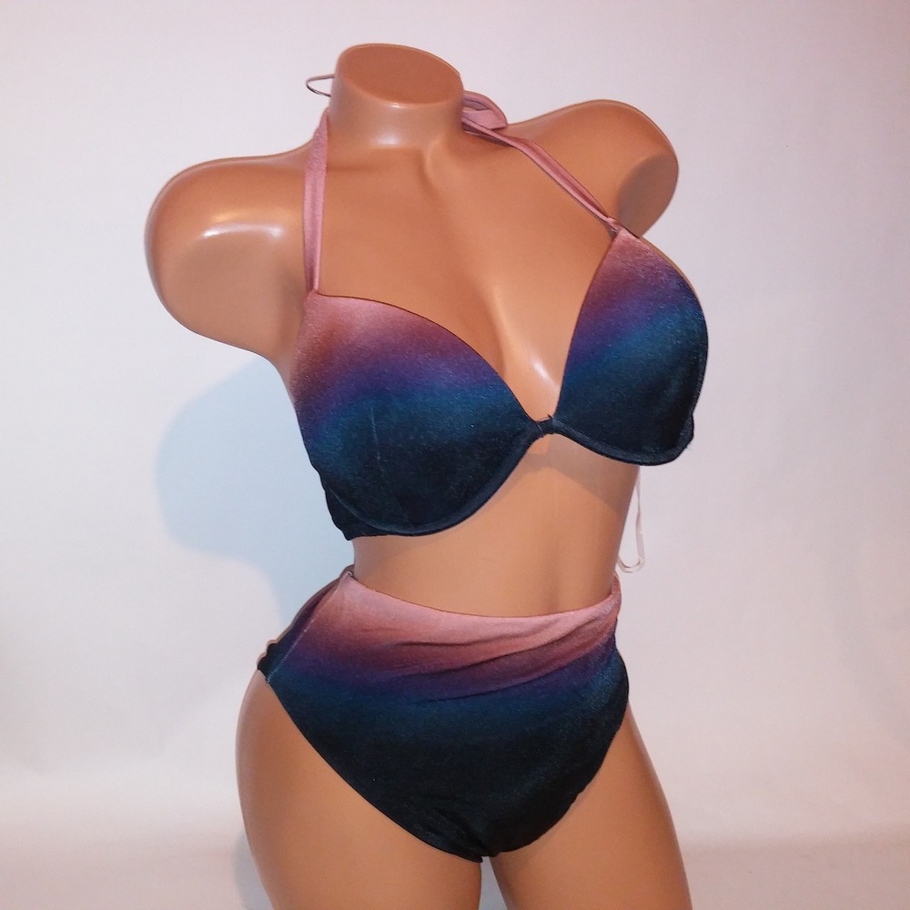Victoria Secret Swim Bikini 36D Top Large Bottom Ombre Push Up Black High Waist